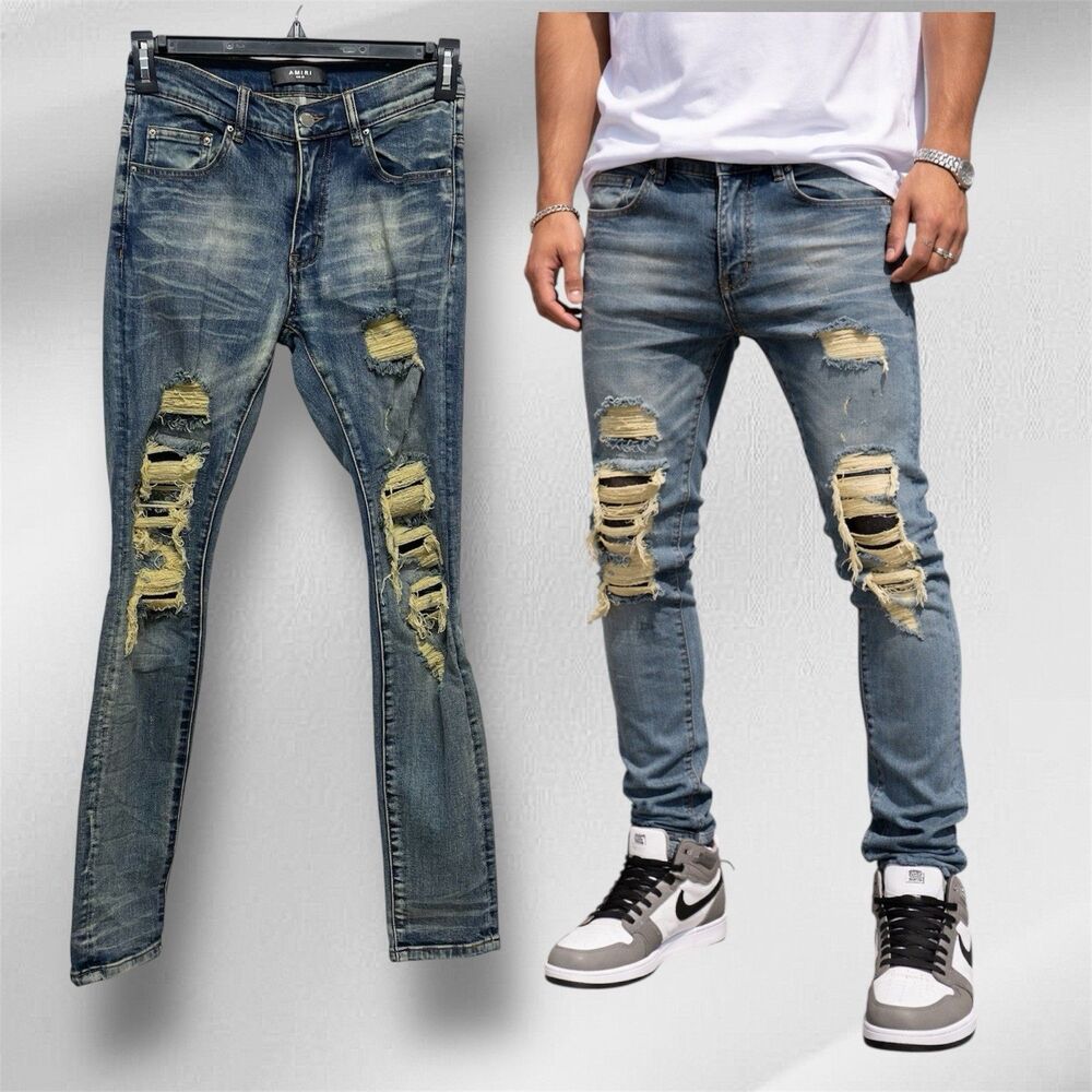 Amiri MX1 Leather Patch Distressed  Men’s Size 29 Made in USA Skinny Biker Jeans